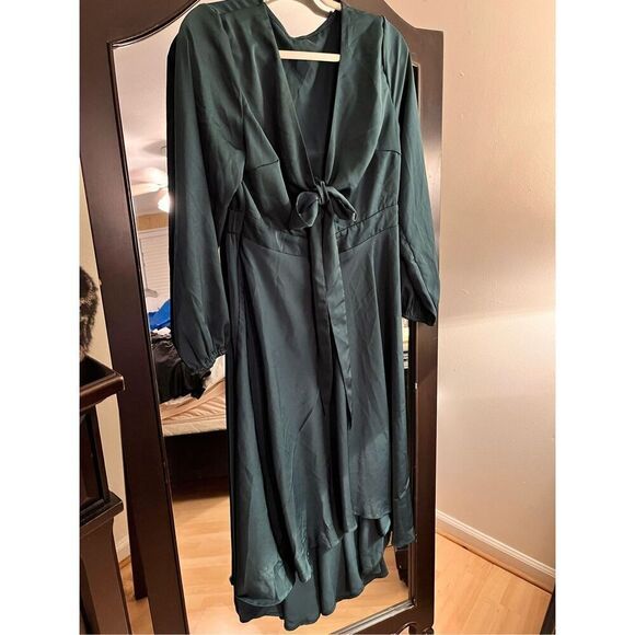 NEW Satin Deep V Neck Dress Tie Front High Waist Flowy Ruffle Midi Cocktail L - Picture 1 of 3